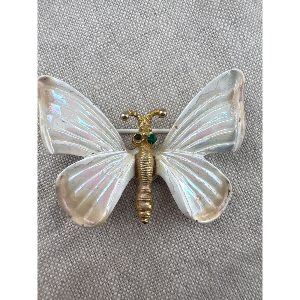 Vintage Opalescent Cabachon Gold Tone Enamel Butterfly Brooch Pin Romantic